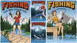 Set of vintage fishing posters with pin up girls