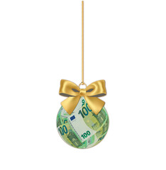 Wall Mural - money present christmas ball card filled with 100 Euro notes golden ribbon hanging from top upright 3D rendering isolated