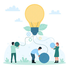 Idea and project development, collective teamwork vector illustration. Cartoon team of tiny people holding balls of thread to connect to big bright yellow light bulb, innovation and cooperation