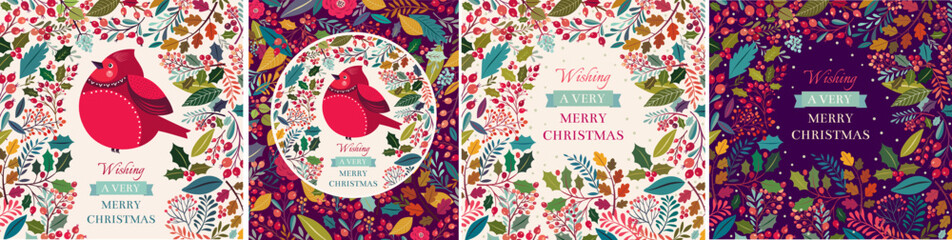 Wall Mural - Collection of Christmas illustrations with bullfinch and leaves