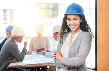 Wall Mural - Business meeting, woman and engineer portrait with engineering team for planning strategy, ceo working and collaboration in office. Construction, employee and happy manager smile for teamwork