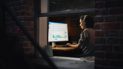 Aufkleber - Hispanic Woman Developer Working in Evening on a Desktop Computer in Home Environment. Beautiful Diverse Latin Female Software Engineer is Checking Her Tasks at the Dashboard.
