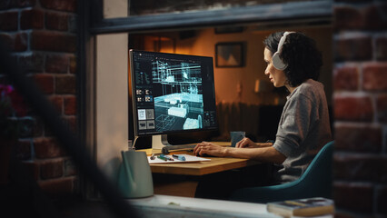 Aufkleber - Creative Female 3D Architect Artist Using Desktop Computer with Display Showing CAD Real Estate Project. Brazilian Woman Video Game Developer Creating Gaming Level. View Into the Apartment Window.