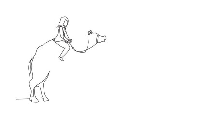 Poster - Animated self drawing of continuous line draw businesswoman riding camel. Investment, bullish stock market, rising bonds trend. Successful business woman trader. Full length single line animation