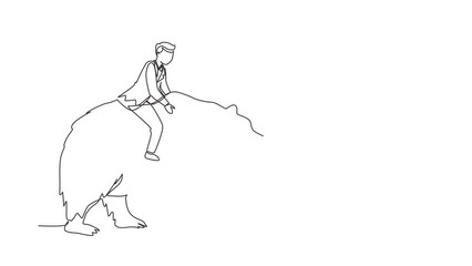 Poster - Animated self drawing of continuous line draw businessman rides on bear in stock market trading concept. stock market analysis, business, investment, stock exchange. Full length single line animation