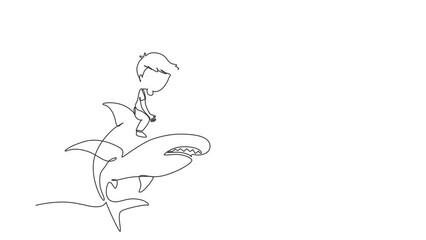 Poster - Animated self drawing of continuous line draw little boy riding inflatable shark. Young kid sitting on back shark in swimming pool. Shark ocean fish in deep water. Full length single line animation