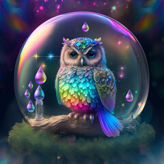 a tiny owl covered in opal with blue Celestine wings with a very fancy crown made of jewels inside of a rainbow liquid titanium bubble