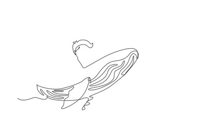 Poster - Self drawing animation of single one line draw little boy riding blue whale. Young kid sitting on back of whale. Cheerful child on back of large blue whale. Continuous line draw. Full length animated