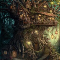 Fantasy treehouse. Dwelling of magical creatures like elves, gnomes, goblins and fairies.	
