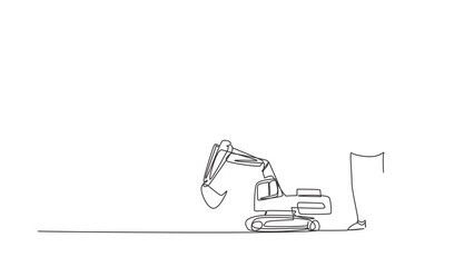 Poster - Animated self drawing of continuous line draw boy playing with remote-controlled excavator toy. Kids playing with electronic toy excavator with remote control in hands. Full length one line animation