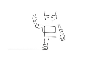 Poster - Animated self drawing of continuous line draw toy robot for kids. Retro robot vintage toys. Metal computer man or cyborgs. Friendly mechanism. Children's toy robot. Full length single line animation