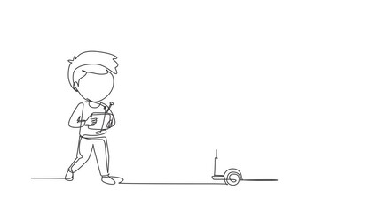 Poster - Self drawing animation of single line draw boy playing with remote-controlled fire truck. Kids playing with toy fire truck with remote control in hands. Continuous line draw. Full length animated