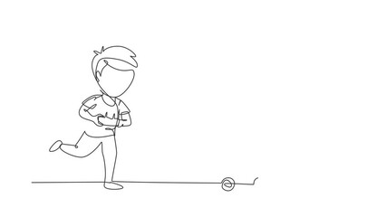 Poster - Animated self drawing of continuous line draw boy playing with remote-controlled off road car. Cute kids playing with electronic toy car with remote control in hands. Full length single line animation