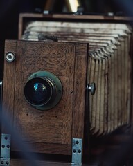 Sticker - Vertical shot of a 19th-century wooden vintage camera, antique wet plate camera