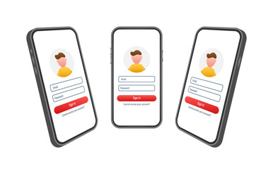 Poster - Sign in to account, user authorization, login authentication page concept. Smartphone with login and password form page on screen. Vector stock illustration