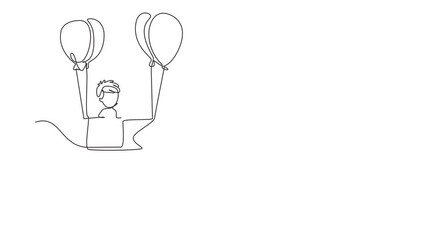 Poster - Self drawing animation of single one line draw boy, girl sitting in cardboard with balloons. Pilot of air balloon. Kids character playing hot air balloon. Continuous line draw. Full length animated