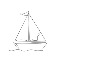 Poster - Self drawing animation of single line draw smiling boy in sailboat. Happy kids sailing boats. Cute little children on boat. Joyful adventures and travel. Continuous line draw. Full length animated