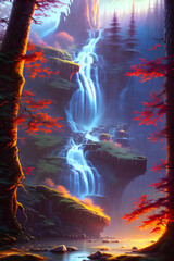 Wall Mural - a magic fantasy forest landscape with a river and waterfalls in the sunset - painting