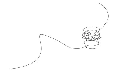 Poster - Self drawing animation of single line draw kids riding hot air balloon. Flying smiling and lovely young children with hot air balloon on spring vacation. Continuous line draw. Full length animated