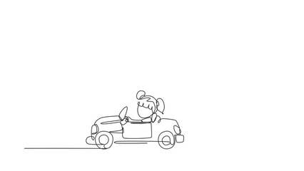 Poster - Animated self drawing of continuous line draw a girl is pushing her friend's car in the road. Kids play with big toy car together. Sibling having fun with at backyard. Full length one line animation