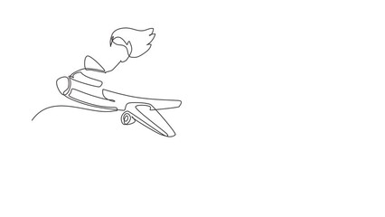 Poster - Self drawing animation of single line draw cute little girl riding plane. Happy kids on airplane. Children riding airplane, summer journey, travel concept. Continuous line draw. Full length animated