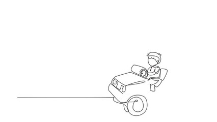 Poster - Self drawing animation of single line draw boy driving car, happy cute child. Cute little boy smiling happy driving toy car. Children's trip in small car. Continuous line draw. Full length animated