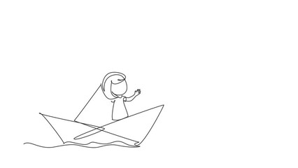 Poster - Animated self drawing of single continuous line draw cute smiling little girl sailing on paper boat. Happy smiling kid having fun and playing sailor in imaginary world. Full length one line animation