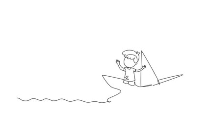 Poster - Animated self drawing of continuous one line draw cute smiling little boy sailing on paper boat. Happy smiling kid having fun and playing sailor in imaginary world. Full length single line animation