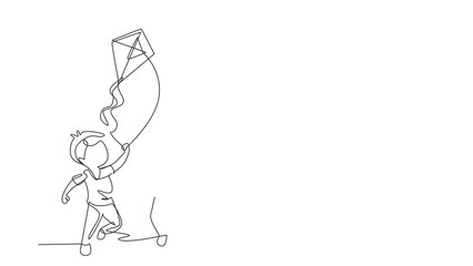 Poster - Animated self drawing of continuous line draw boy playing to fly kite up into the sky at field. Kids playing in playground. Children with game, they look happy. Full length single line animation