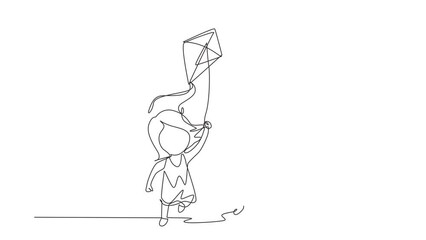 Poster - Self drawing animation of single line draw girl playing to fly kite up into sky at field. Kids playing in playground. Children with kites, they look happy. Continuous line draw. Full length animated