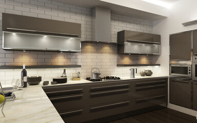 Wall Mural - Modern interior of kitchen with living room. 3d render	