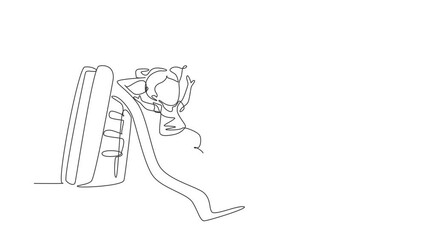 Poster - Self drawing animation of single line draw preschool kids playing in kindergarten. Girl sliding down the slide and smiling boy seeing her on side of slide. Continuous line draw. Full length animated