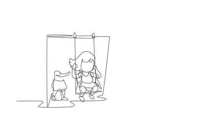Poster - Animated self drawing of continuous line draw little girl swinging on swing, her friend helped push from behind. Kids playing swing together in public park playground. Full length one line animation