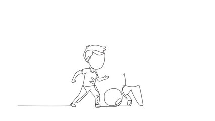 Poster - Animated self drawing of continuous line draw boy and girl playing football. Two little kids playing sport at playground. Children kicking ball by foot between them. Full length single line animation