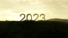 Time Lapse 2023 Text Word Object On Top Beautiful Mountain View Background. Camera Tilt Up. 3D Animation