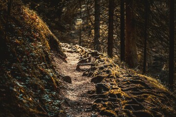 Poster - Mountain path in the forest of Janosikove Diery Gorge, in Slovakia, with rocks covered with moss