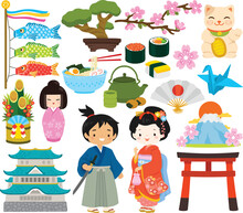 Japan Clipart Set. Japanese Icons, People, Food And Traditional Items.