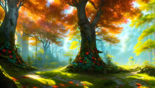 Trees In A Fantasy Colored Forest On A Sunny Day - Vibrant Colors - Painting - Illustration