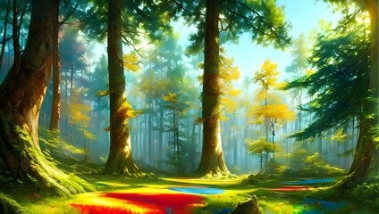 trees in a fantasy colored forest on a sunny day - vibrant colors - painting - illustration