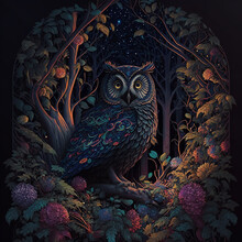 Night Owl Jungle Vines Ornate Colorful Intricate Beautiful Detailed Colorful Fantasy