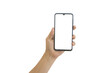 Hand holding mobile phone with blank transparent screen and background- PNG format.