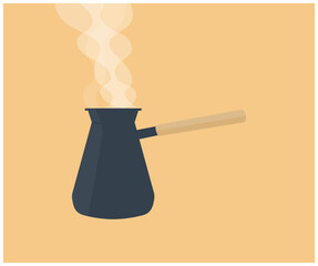 Old coffee pot with hot coffee with steam logo design. Making pour over coffee. Coffee composition. Process of making coffee. Beverage concept vector design and illustration.