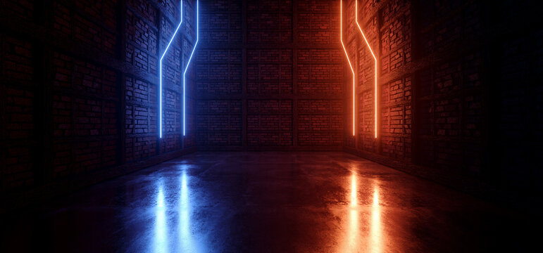 Neon Laser Cyber Orange Blue Lights On Medieval Brick Wood Grunge Tunnel Corridor Concrete Glossy Cement Floor Showroom Club Dark Stage 3D Rendering