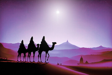 Biblical illustration series, nativity scene of The Holy Family and three wise men. Christmas theme.nativity, Jesus three wise men riding camel.