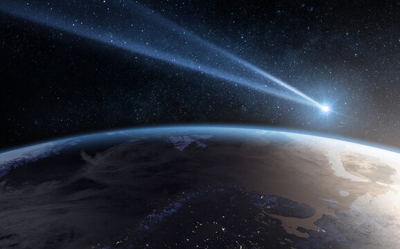 Wall Mural - Comet, asteroid, meteorite flying to the planet Earth.  Glowing asteroid and tail of a falling comet threatening the safety of the Earth.  Elements of this image furnished by NASA.