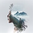 © Virtual Actors - Double exposure image of woman and landscape. AI Generated Illustration.