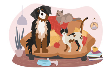 Wall Mural - Cute pets sitting on sofa concept background. Dog and cats are sitting on couch in living room, relaxing or playing in cozy room. Domestic animals care. Illustration in flat cartoon design