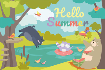 Wall Mural - Hello summer concept background. Cute animals greeting summertime. Raccoon swims in lake, boar dives into water, bear eats watermelon sitting on shore. Illustration in flat cartoon design