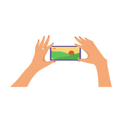 Poster - hand holding smartphone and take pictures of the landscape. cartoon vector illustration. people usin