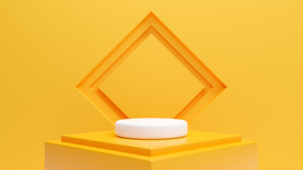 Poster - Empty product display on white stage podium and room interior design isolated yellow color background, product display presentation simple art spotlight summer banner. 3d rendering illustration